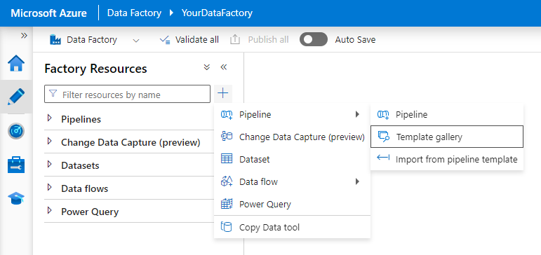 Screenshot showing how to open the Template gallery from the Azure Data Factory Studio's Author tab.