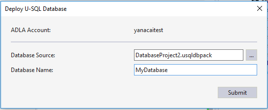 Data Lake Tools for Visual Studio--Deploy U-SQL database package wizard