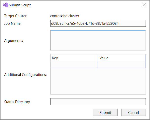Submit Script dialog box, HDInsight Hadoop Hive query.