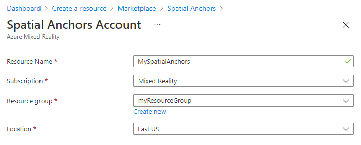 Screenshot of the Spatial Anchors pane for creating a resource.