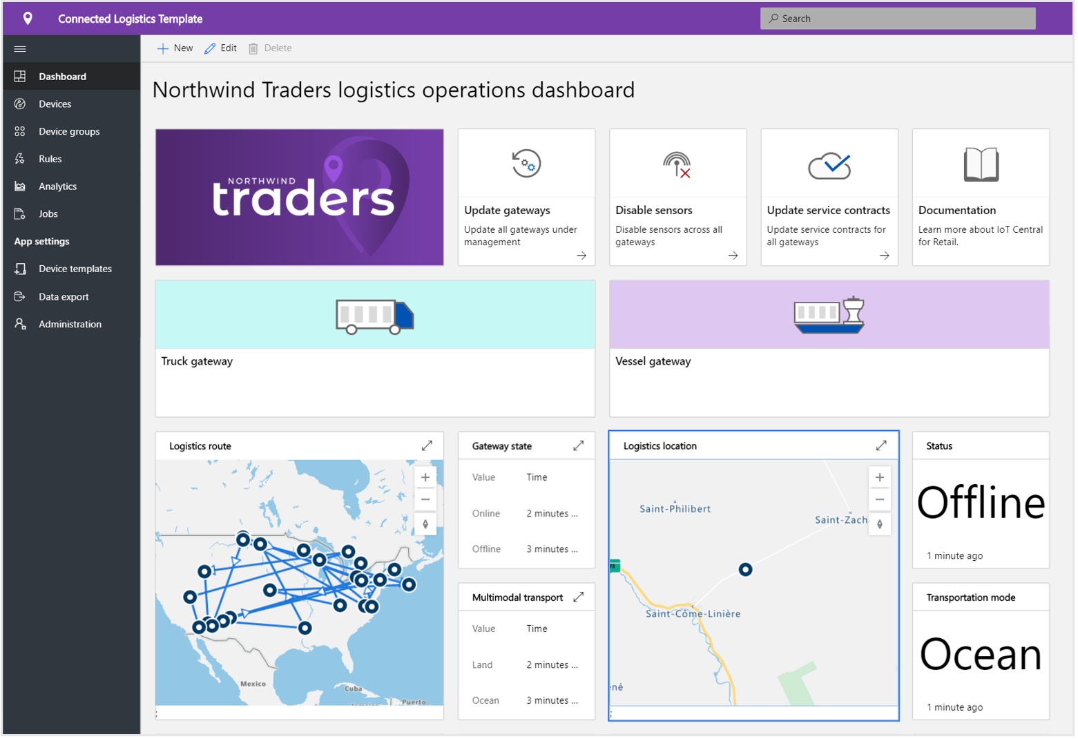 Screenshot that shows the top half of the connected logistics operations dashboard.