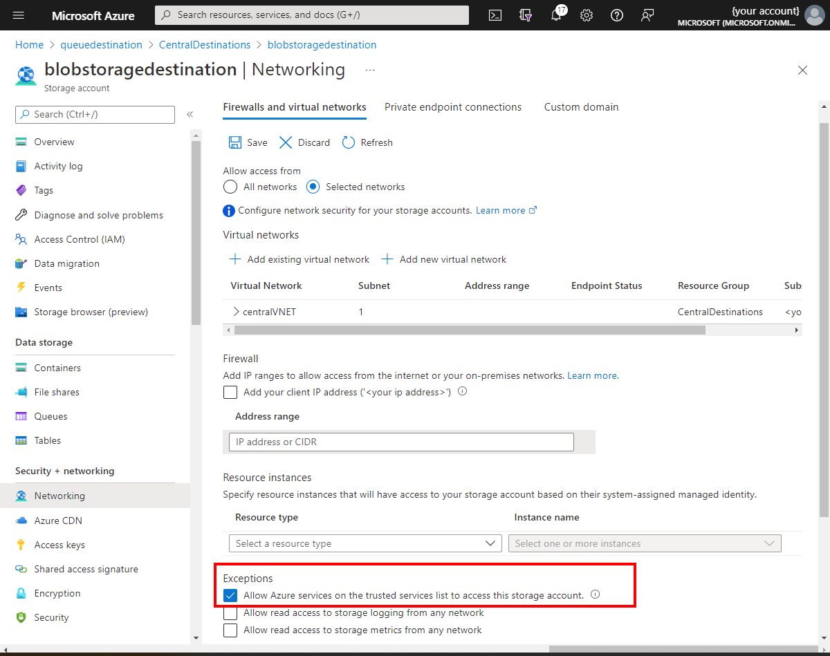Screenshot from Azure portal that shows firewall exception for Azure Blob Storage virtual network.