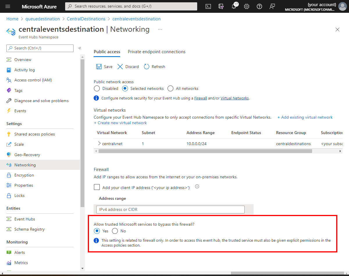 Screenshot from Azure portal that shows firewall exception for Azure Event Hubs virtual network.
