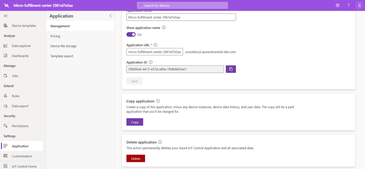Screenshot of Micro-fulfillment center Application Management page.