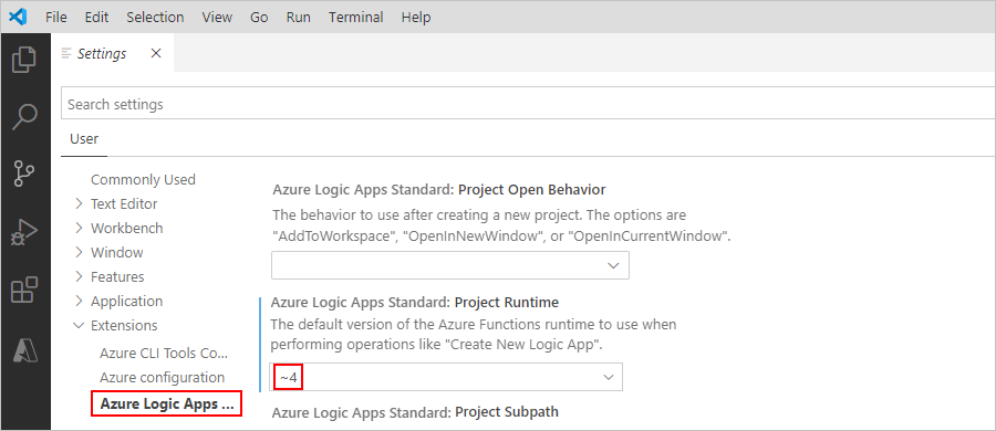 Screenshot shows Visual Studio Code settings for Azure Logic Apps (Standard) extension.