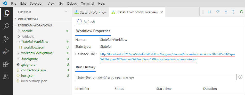 Screenshot shows workflow overview page with callback URL.