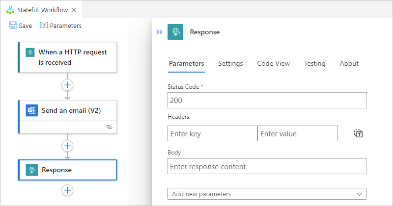 Screenshot shows workflow designer and Response information pane.