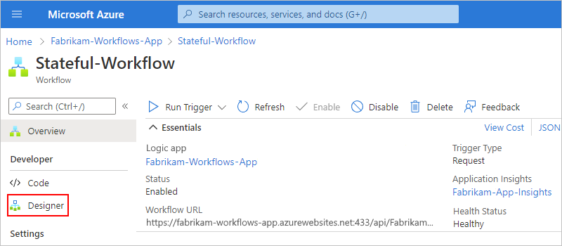 Screenshot shows selected workflow's Overview pane, while the workflow menu shows the selected "Designer" command.