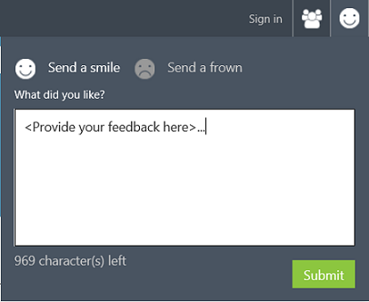 A feedback window lets you send a smile, send a frown, or enter text. There is a Submit button.