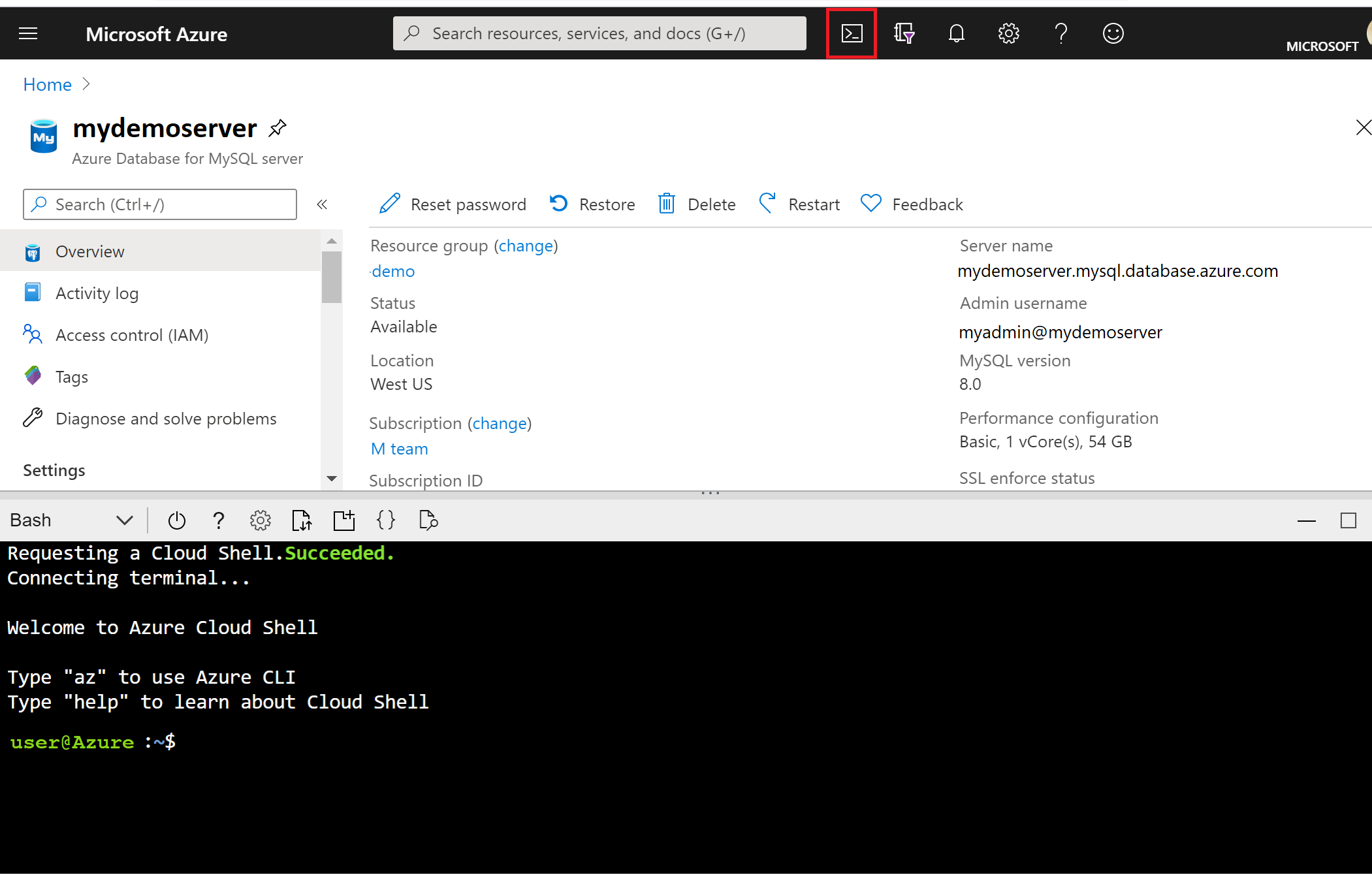 Screenshot that shows Cloud Shell in the Azure portal.