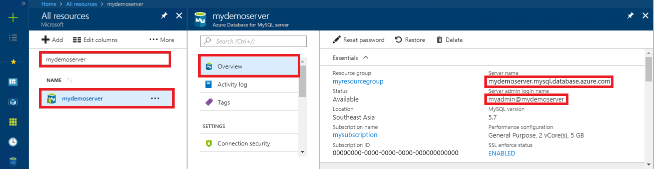 Screenshot of the Azure Database for MySQL server connection information in the Azure portal.