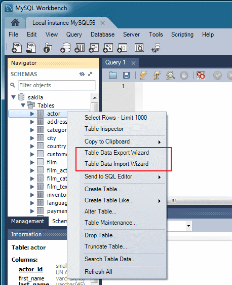 Screenshot of the MySQL Workbench export and import wizard commands on the object browser's context menu.