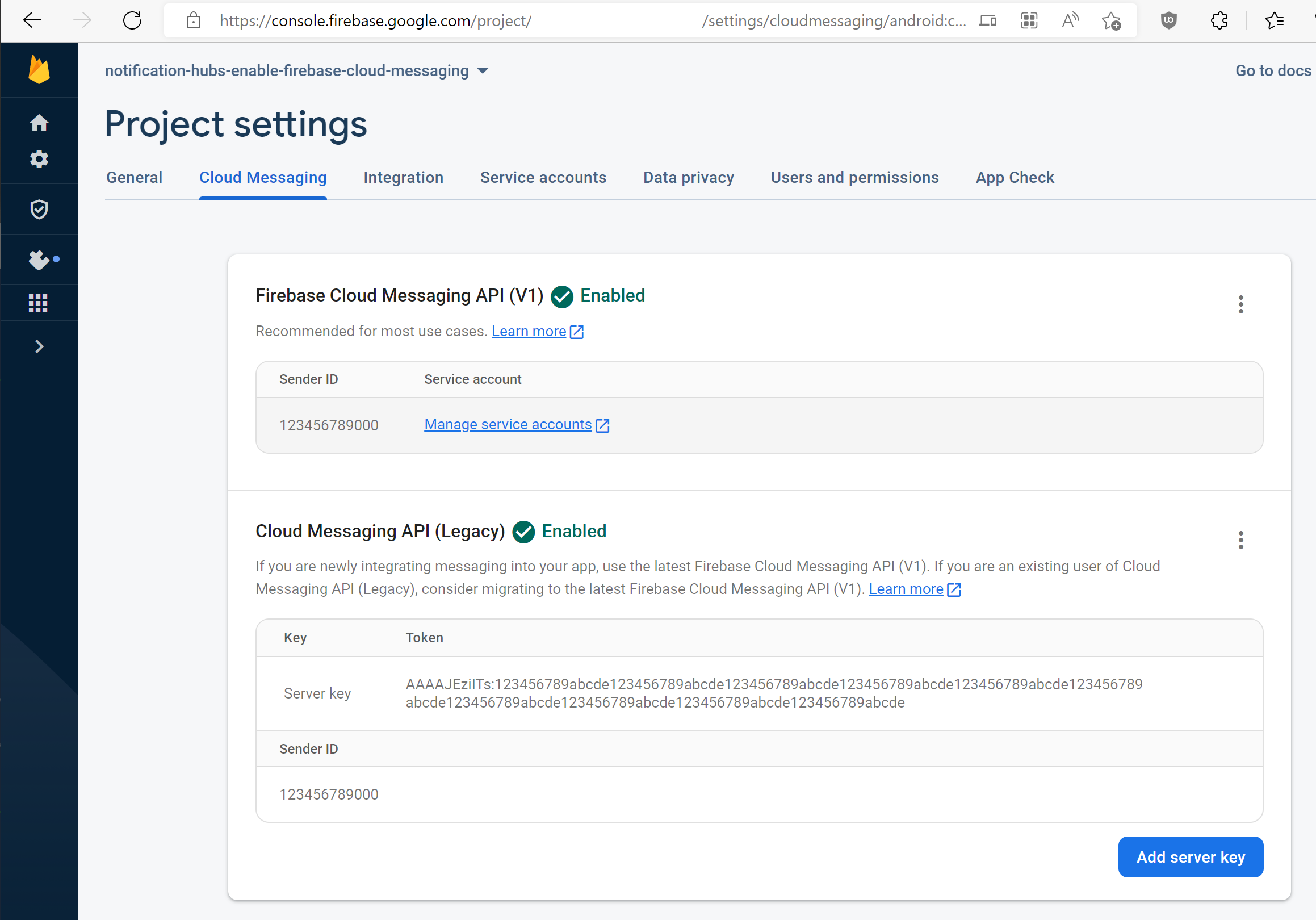 Portal screenshot showing Enable Cloud Messaging API (Legacy).