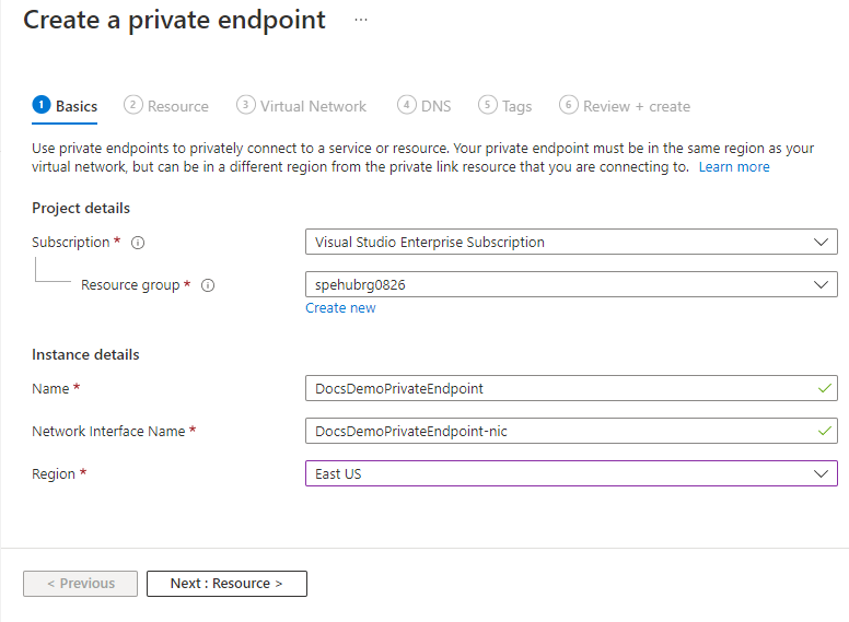 Create Private Endpoint - Basics page