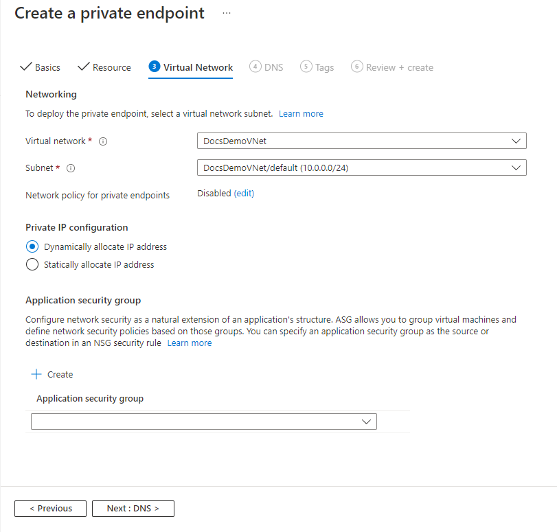 Create Private Endpoint - Configuration page
