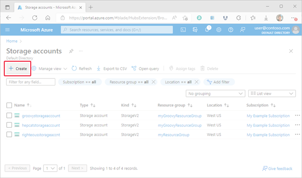 Image showing the location of the create button within the Azure Portal Storage Accounts page