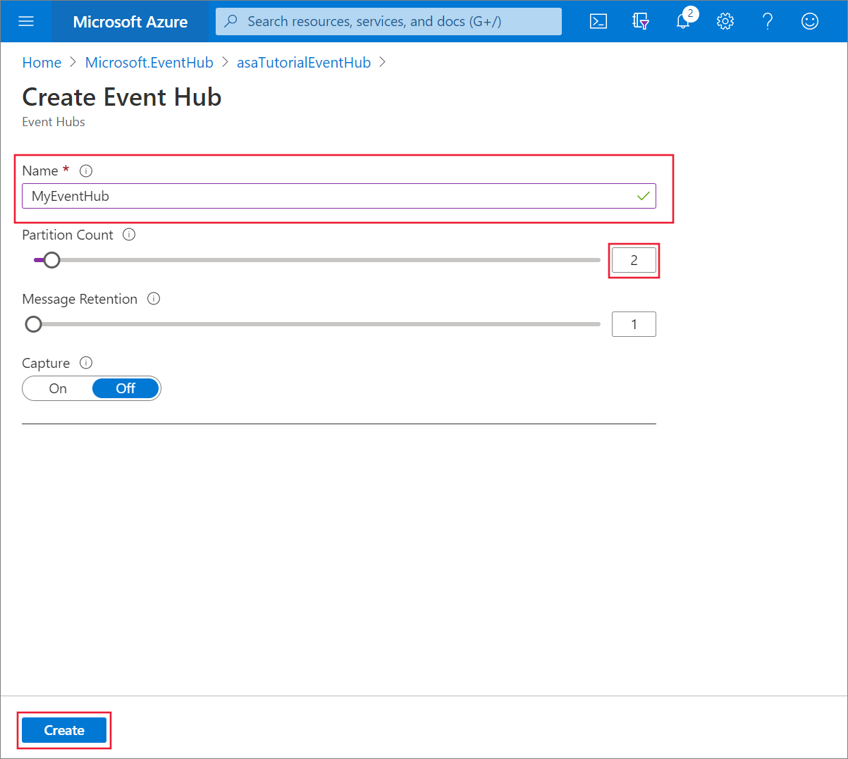 Event hub configuration in the Azure portal