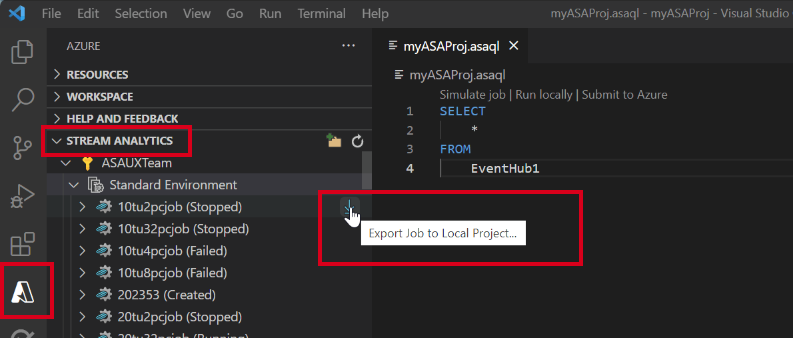 Screenshot of VSCode extension exporting ASA job to Visual Studio Code.