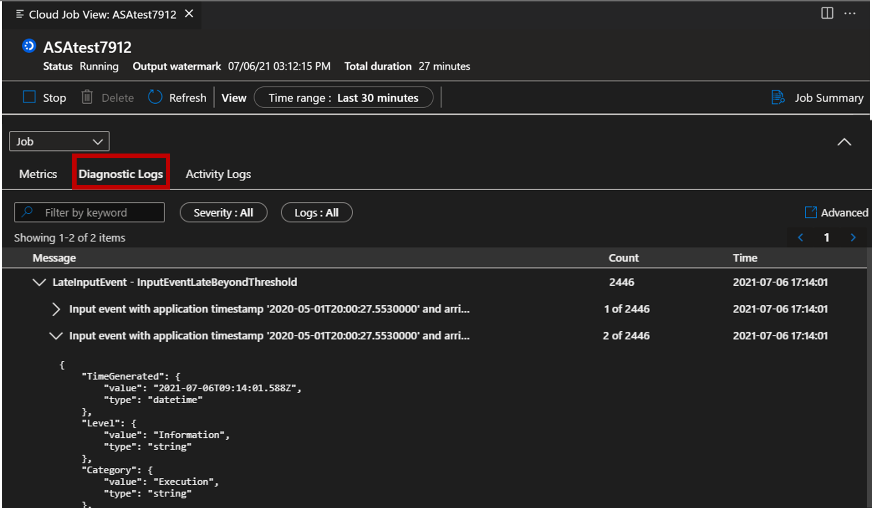 Screenshot of VSCode extension viewing Diagnostic Logs.