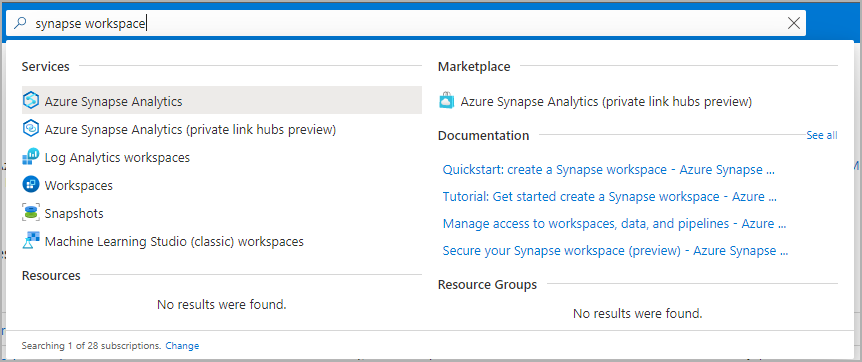 A screenshot of the Azure portal search bar with Synapse workspaces typed in.