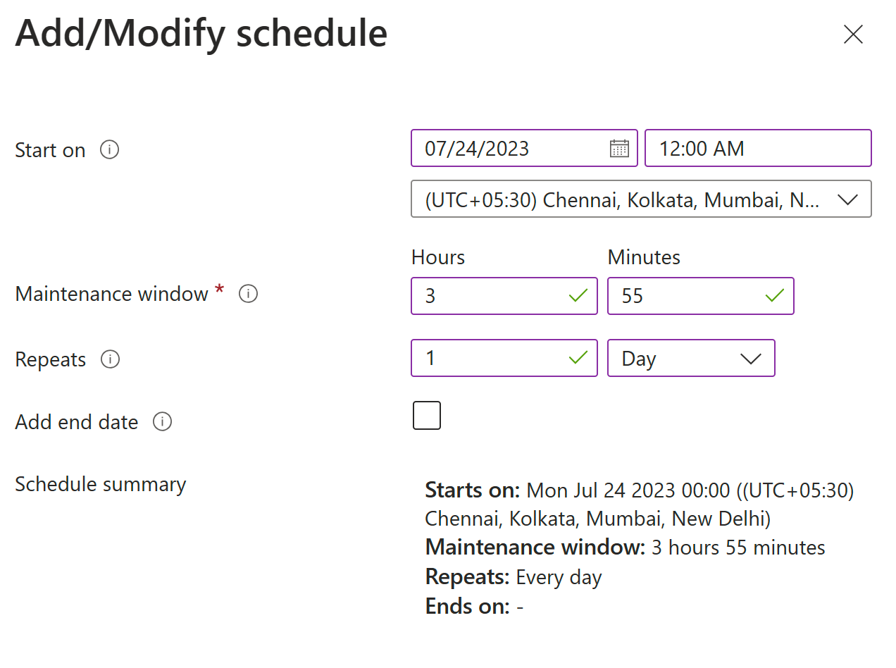 Screenshot of options for adding or modifying a schedule.