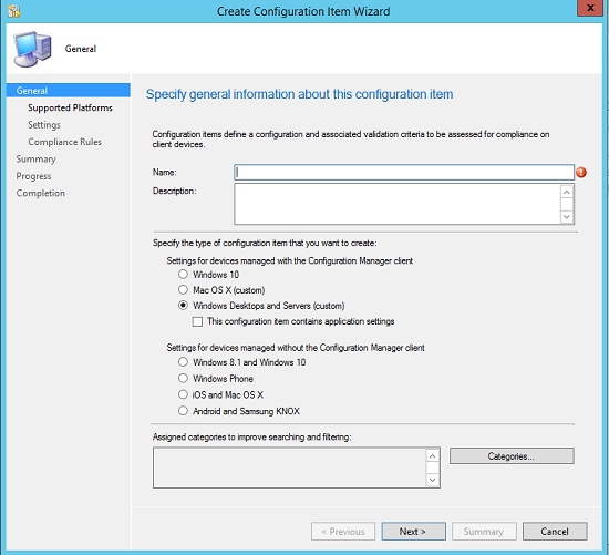 General page of the Create Configuration Item Wizard