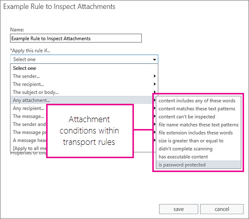 Dialog box to select attachment-related rules.
