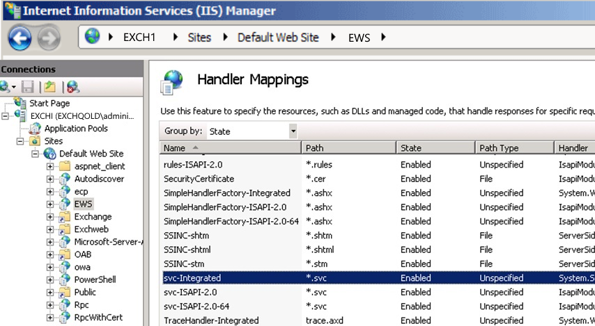 Screenshot of the Handler Mappings page under EWS.