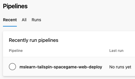 Screenshot of Azure Pipelines showing the pipeline for this project. The pipeline has no runs.