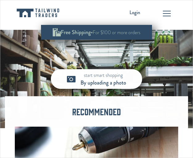 A screenshot of the Tailwind Traders website. You can upload a photo to the smart shopping feature or browse recommended products.