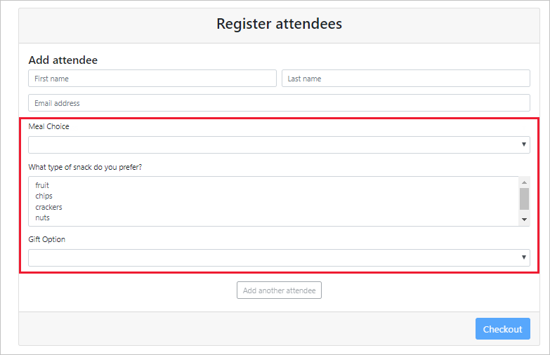 Event custom registration fields registration page.