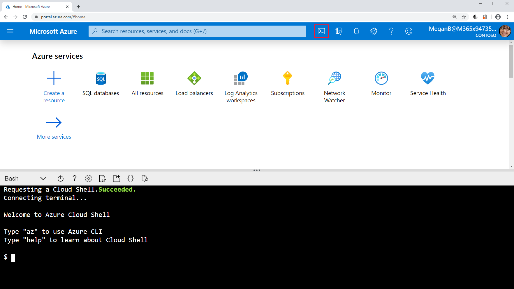 Screenshot of the Cloud Shell icon in the Azure portal.
