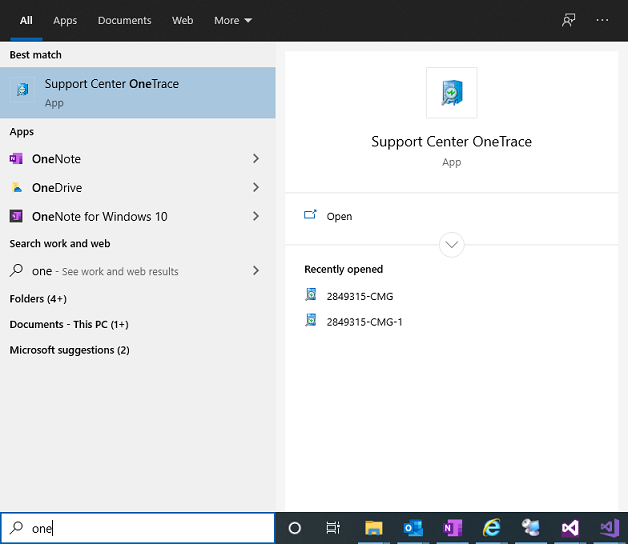 Support Center OneTrace in Windows Start menu with recently opened list