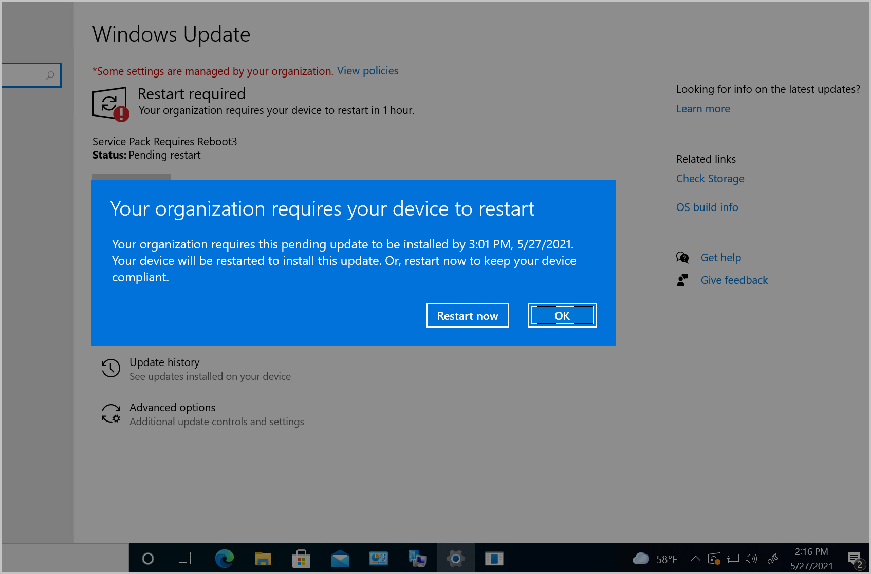 Screenshot of a device using the Windows Update native experience for software updates