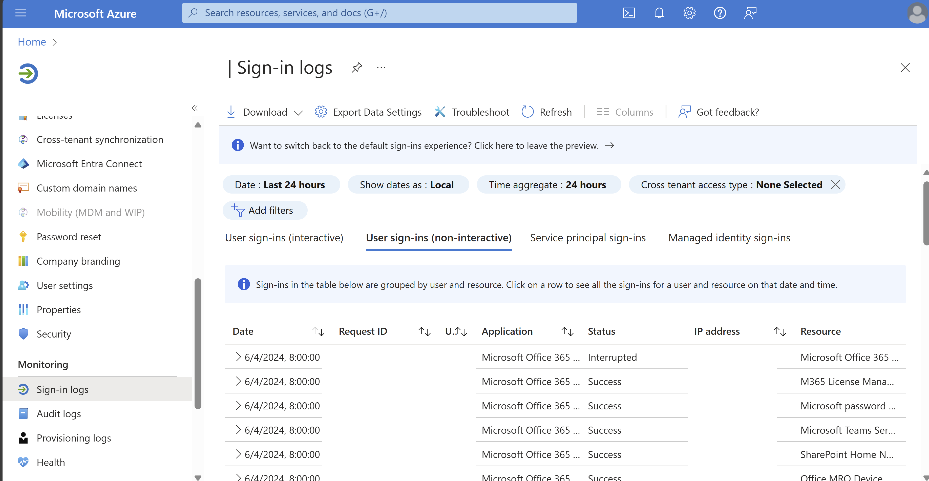Screenshot of Microsoft Entra admin center, adding a filter Cross-tenant access type:Service provider on the User-sign ins.