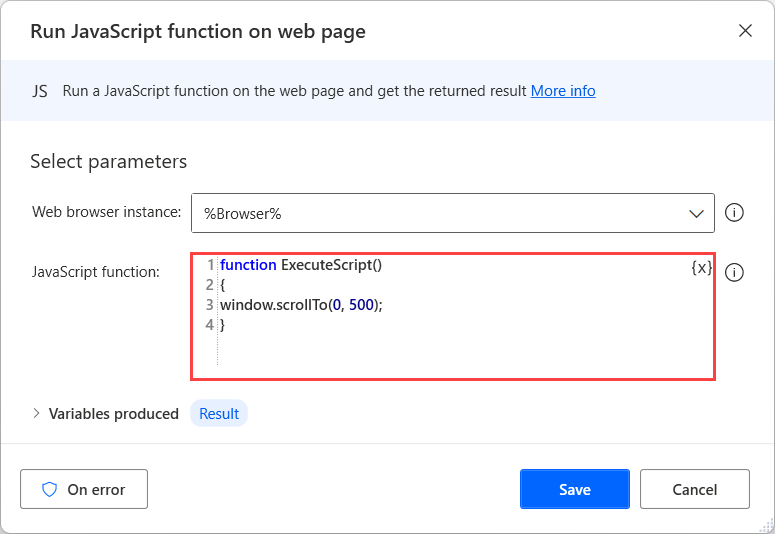 Screenshot of the Execute Javascript function on web page action with the scrollTo function.