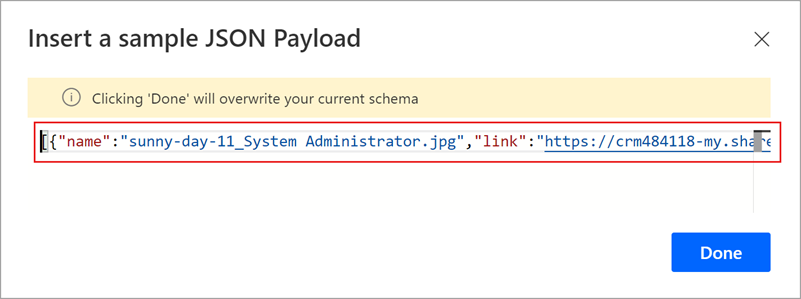 Screenshot of a sample JSON payload.