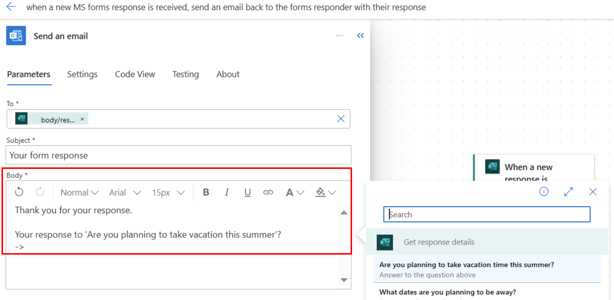 Screenshot of an Outlook send email action email body in Copilot.