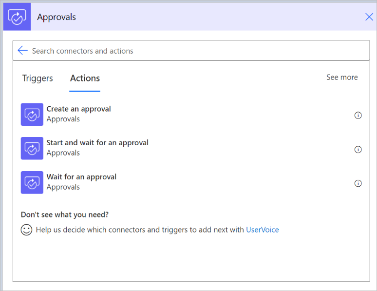 Screenshot showing the actions Create an approval, Start and wait for an approval, and Wait for an approval.