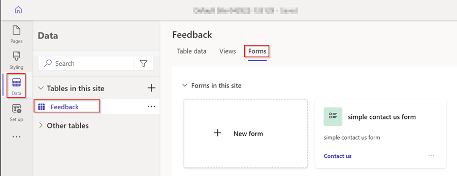 The forms menu option for the feedback table in the data workspace.