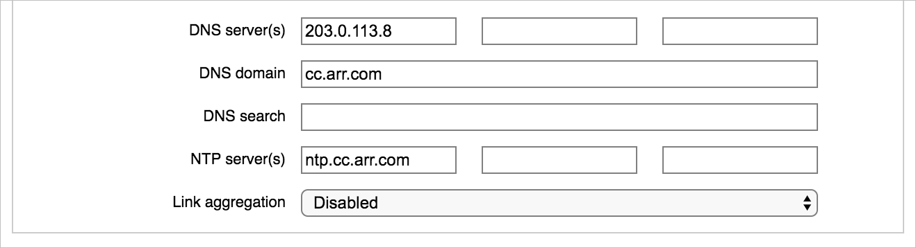 Detail of section for DNS/NTP configuration, with three fields for DNS servers, fields for DNS domain and DNS search, three fields for NTP servers, and a drop-down menu for link aggregation options