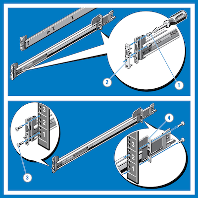 Diagram of installing and removing tooled rails, with steps numbered