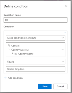 Screenshot of a content block with a condition defined using the contact's custom country lookup column.
