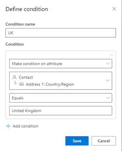 Screenshot showing the All Country Footer content block with a condition defined.
