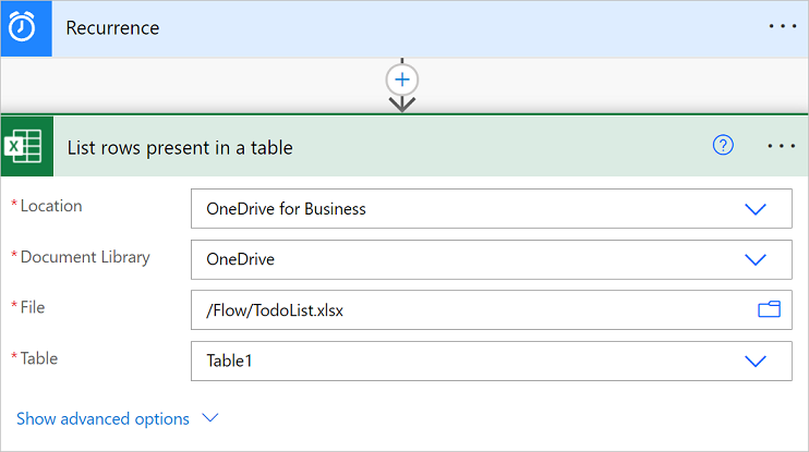 Screenshot of Location, Document Library, File, and Table fields in the List rows present in a table card.