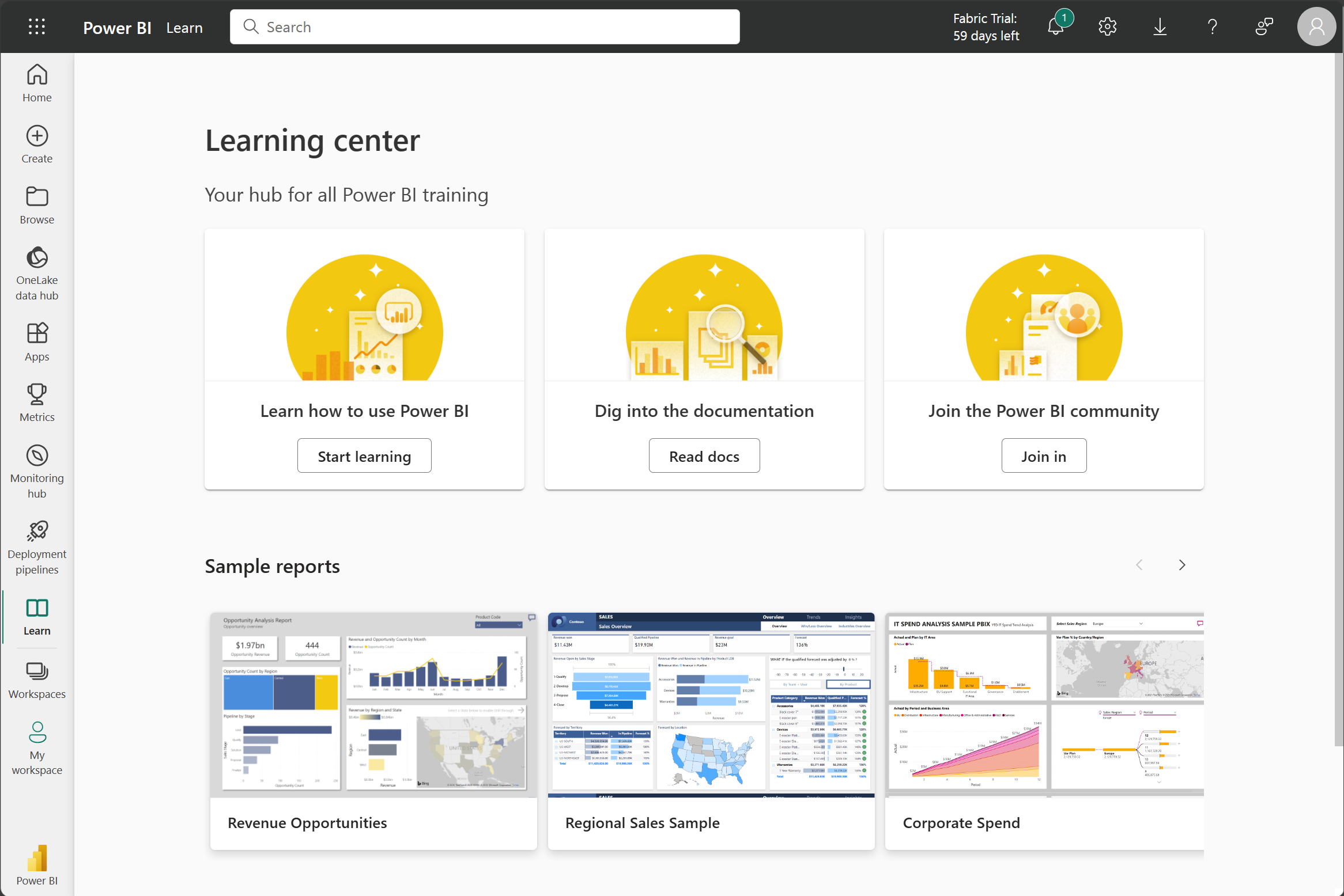 Screenshot of Power BI service Learning center with built-in sample reports.