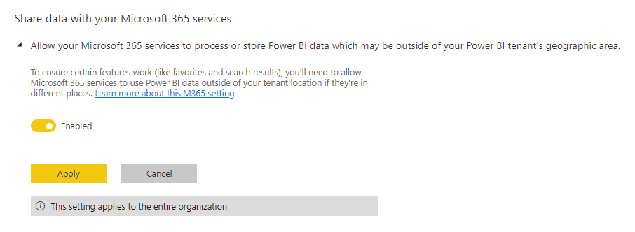 Screenshot of admin switch allowing Microsoft 365 services to process and store Power BI content remotely.