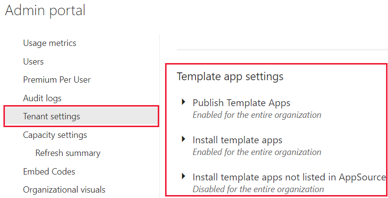 Screenshot that shows the Power B I admin portal template app settings.