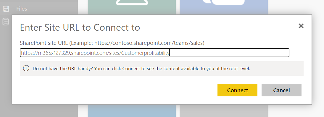Screenshot of Type the URL of the shared library you created earlier, or select Connect.