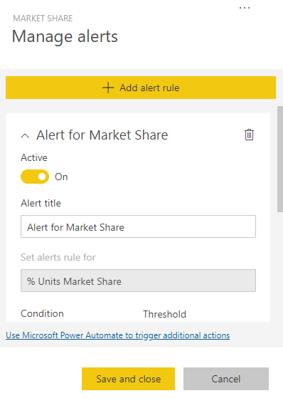 Screenshot showing the Add alert rule window. The Alert title box contains a title, and the Active slider is set to On.